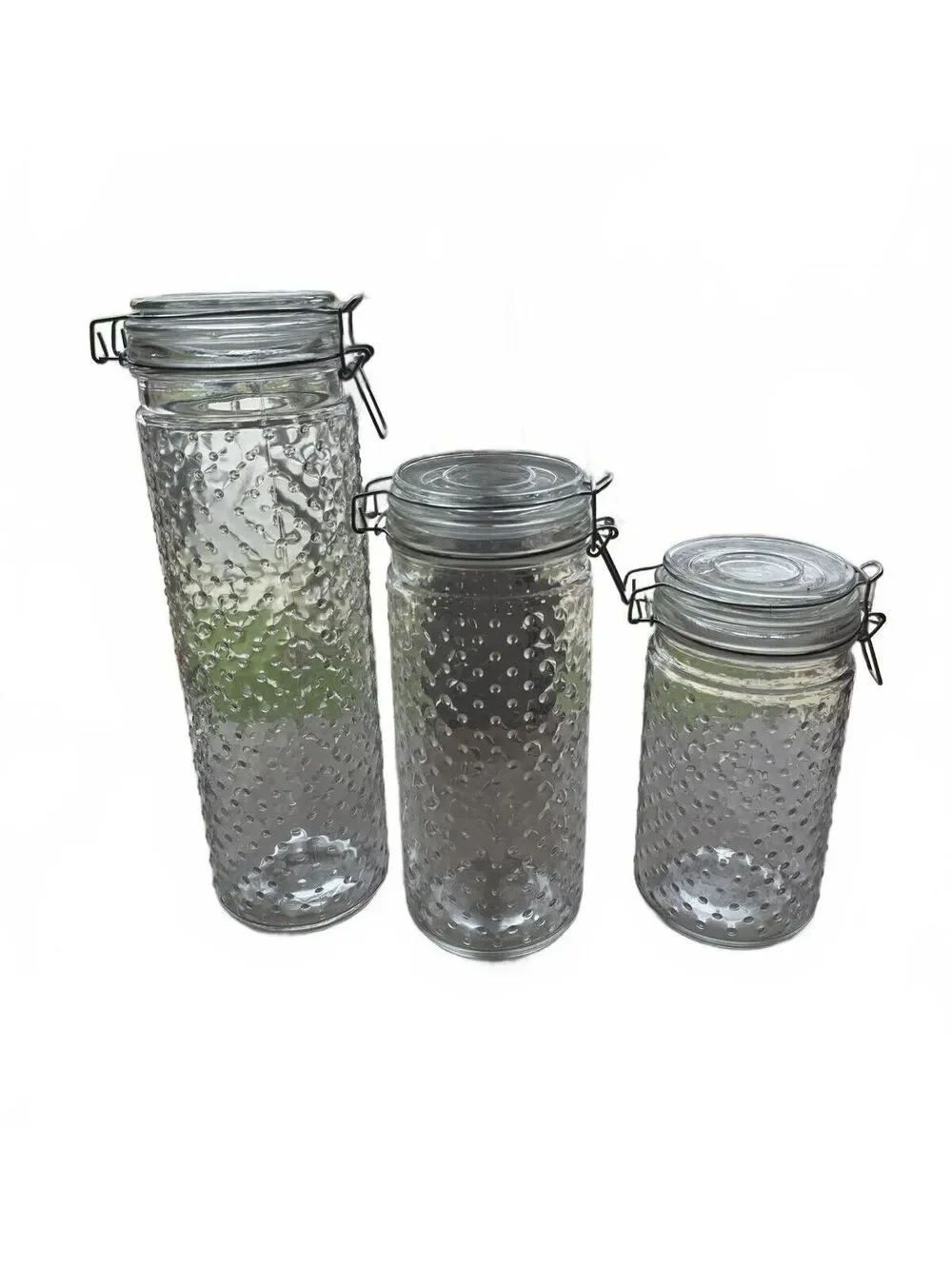 Set of 3 Clear Hobnail Glass Canisters Wire Bail Clamp Lids